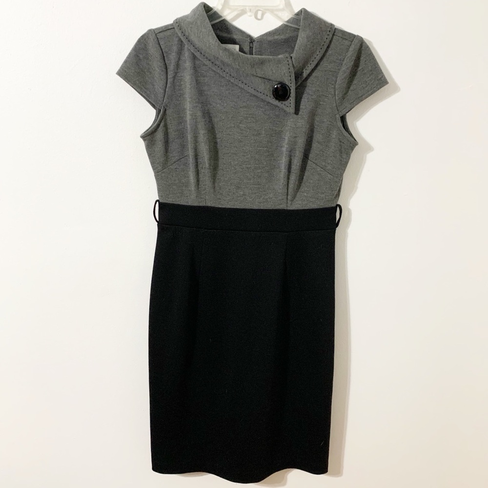 London Times Color Block Career Wear Midi Dress Cap Sleeves Asymmetrical Collar